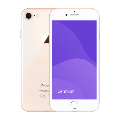 Smartfon Apple iPhone 8 w kolorze złotym — widok z przodu i z tyłu