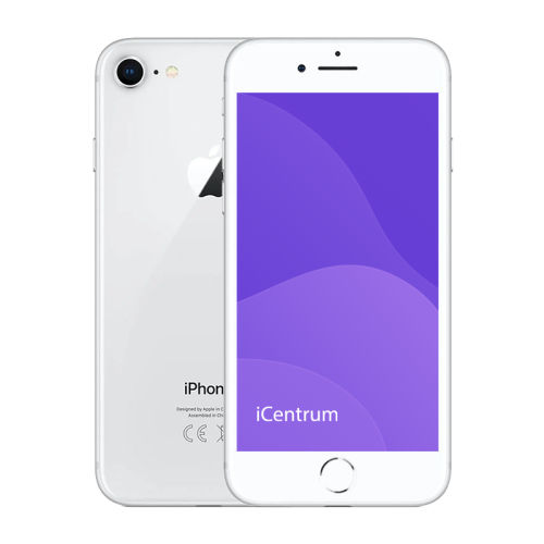 Smartfon Apple iPhone 8 w kolorze srebrnym — widok z przodu i z tyłu