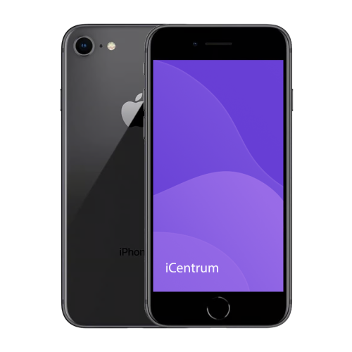 Smartfon Apple iPhone 8 w kolorze czarnym — widok z przodu i z tyłu